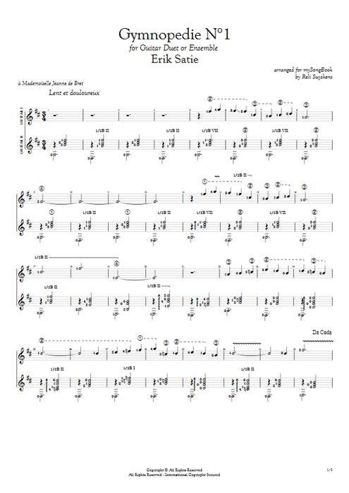 Gymnopédie N°1 in D Erik Satie guitar pro tab Full Score Guitar Duet mysongbook